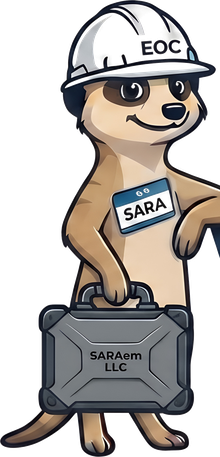 SARA, the WatchKat meerkat mascot, wearing an EOC hard hat