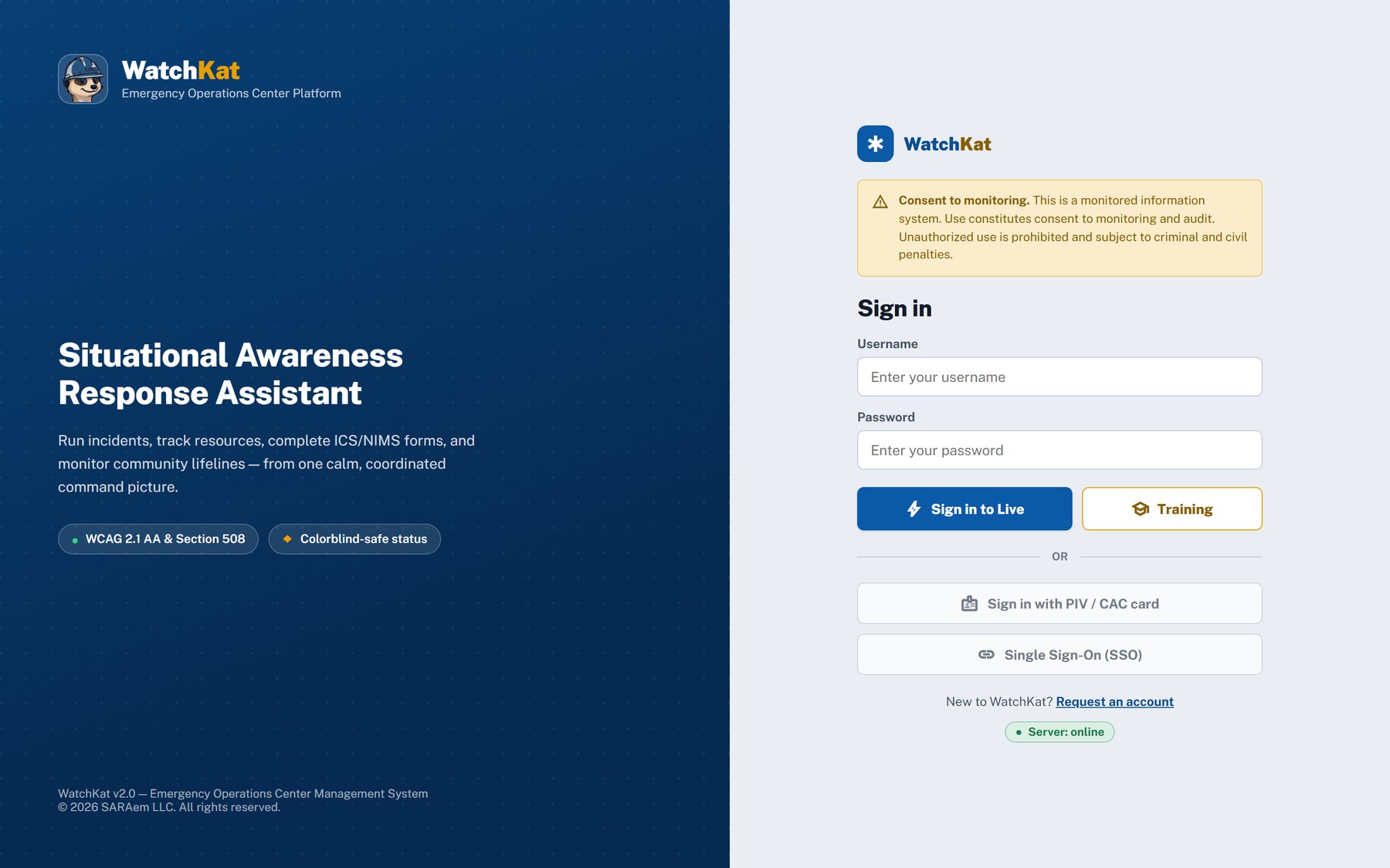 WatchKat sign-in screen with Live and Training environment options and a consent-to-monitor banner.